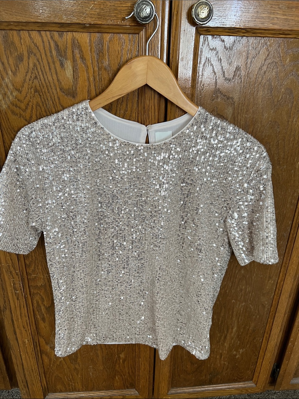 H&M Sequin Short-Sleeve Crewneck Top in Champagne Beige